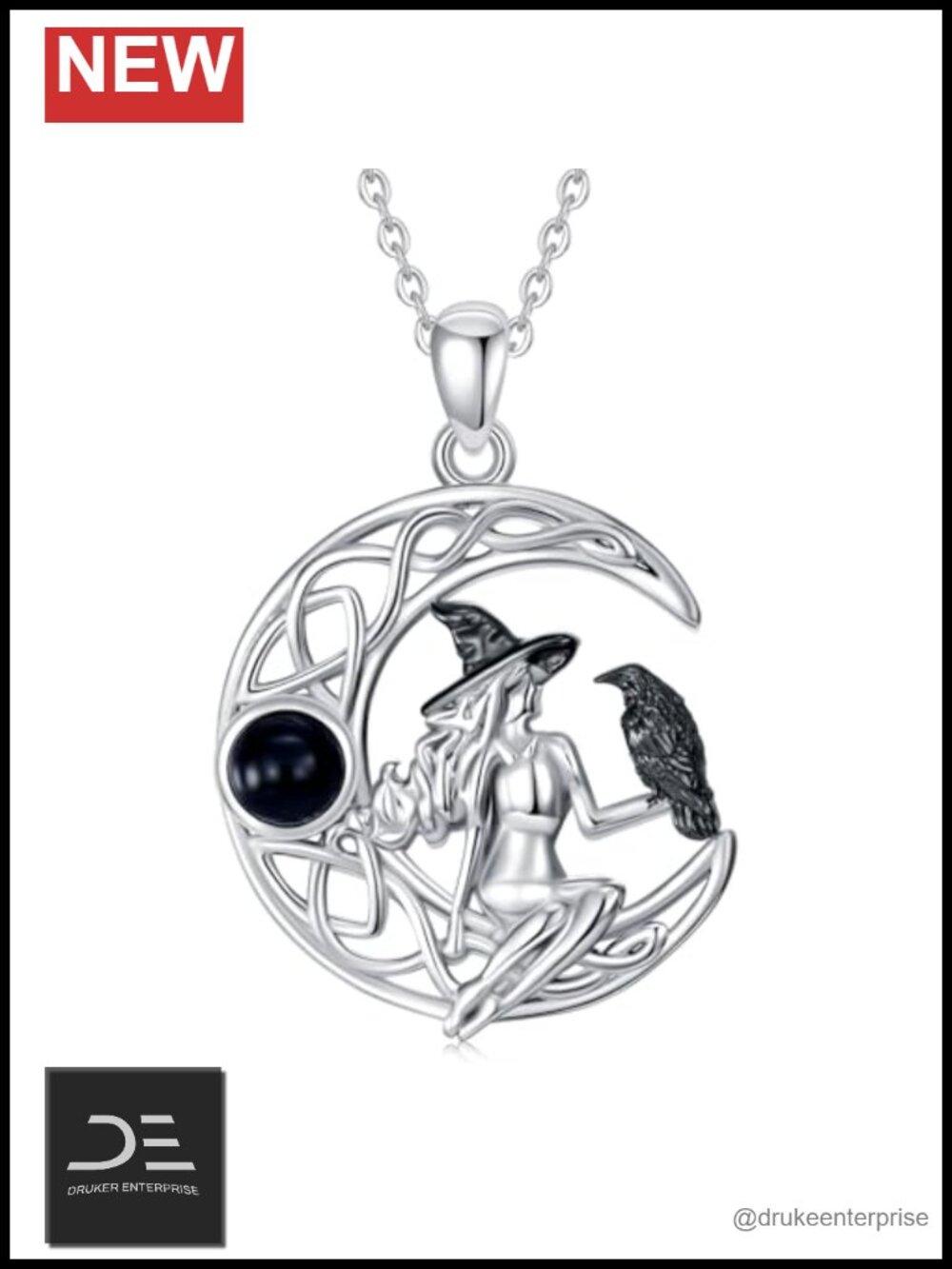 925 Sterling Silver Witch Moon Pendant Necklace Gothic Jewelry
